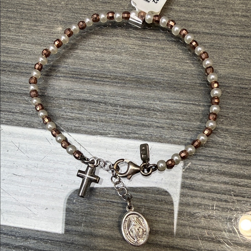 Beaded Rosary Charm Bracelet with Cross and Medal
